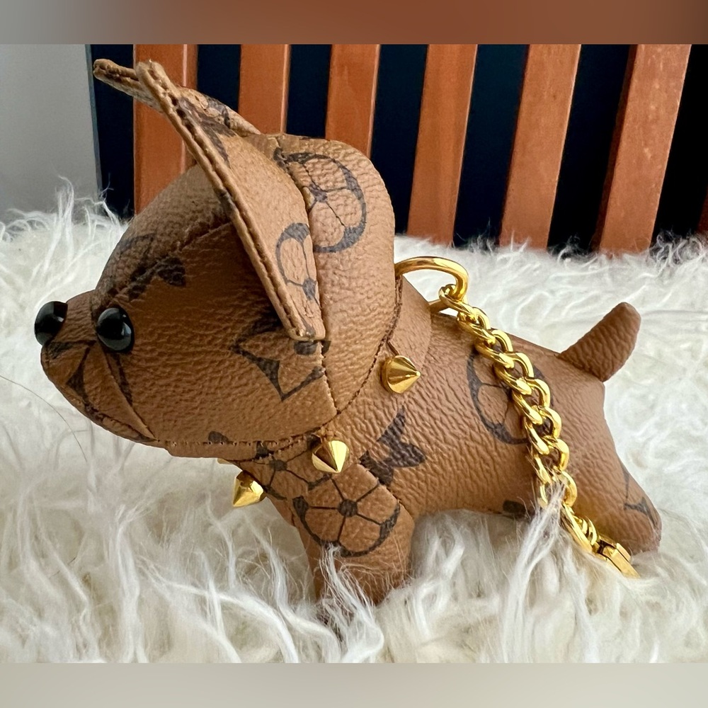 Designer-Style Brown Leather Puppy Keychain with Gold Studs and Chain